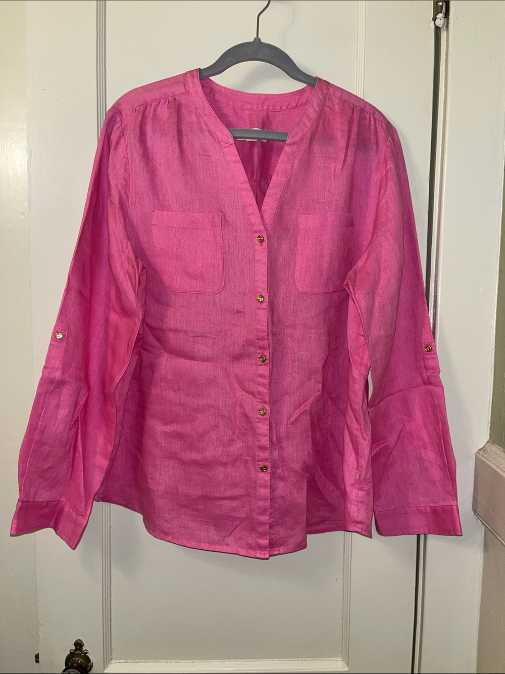 Charter Club Hot Pink Linen Button-Front Roll Tab Long Sleeve Top